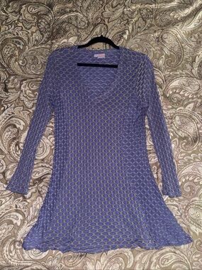 Tianello Steve Barraza Dress Women’s Small Blue Taupe Geometric Long Sleeve USA